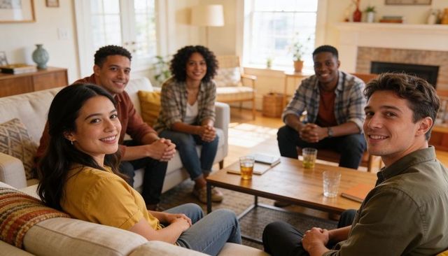 Smiling friends relaxing and chatting in sunlit living room around wooden coffee table