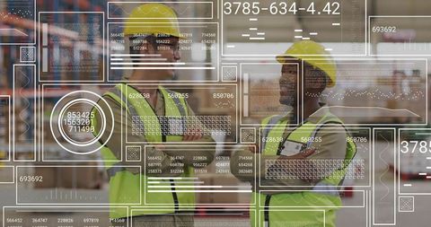 Warehouse Workers Collaborating with Digital HUD Overlay for Logistics Analytics Teamwork