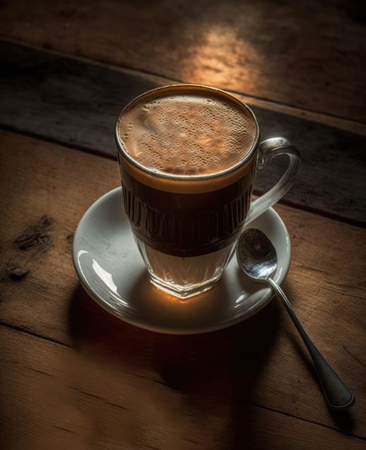 This cozy scene features a warm coffee in a glass cup on a saucer, accompanied by a spoon, placed on a rustic wooden table. The lighting and shadows create a warm, inviting atmosphere, ideal for conveying relaxation, comfort, and cozy moments. Perfect for advertisements or content for cafes, coffee shops, home decor magazines, or hospitality services.