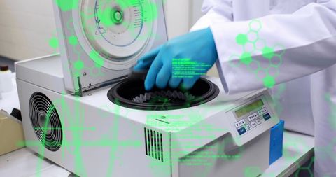 Scientist Using Centrifuge with Digital Data Overlay in Laboratory