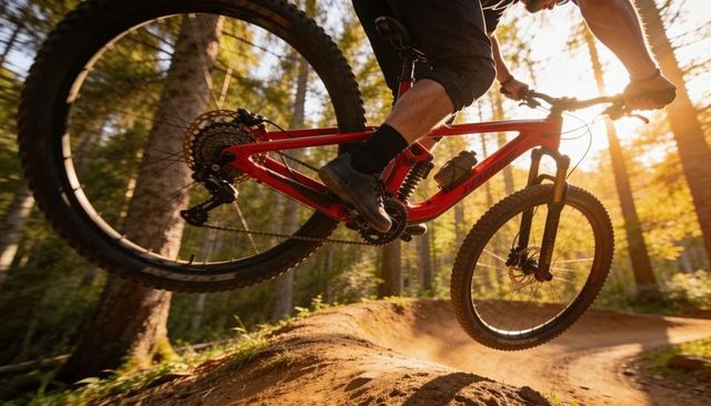 Sunlit mountain biker launching over forest berm on red full-suspension mtb