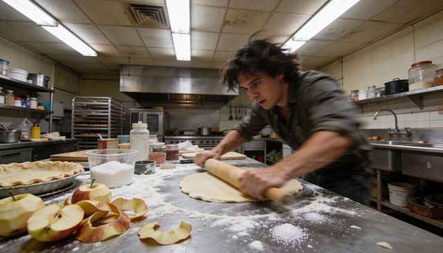 Focused male baker rolling pastry dough on flour-dusted industrial kitchen prep table