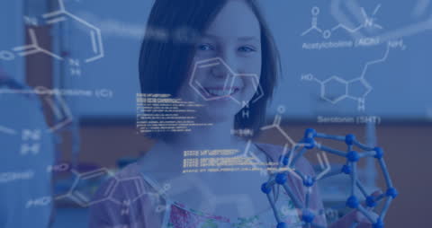 Caucasian Schoolgirl Exploring Chemistry with Digital Overlay