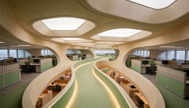 Curving timber walkway guiding through open-plan office with skylights and led strips