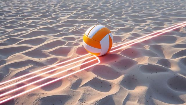 Beach volleyball on sand with neon boundary line