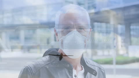 Man Wearing Face Mask with Digital Animation of COVID-19 Cells