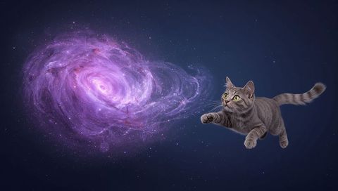 Floating gray tabby reaching toward purple spiral galaxy in surreal cosmic dreamscape