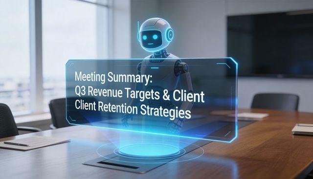 Holographic ai assistant presenting q3 revenue targets and client retention strategies