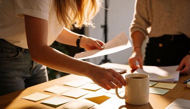 Colleagues leaning over wooden table reviewing documents and sticky notes with coffee
