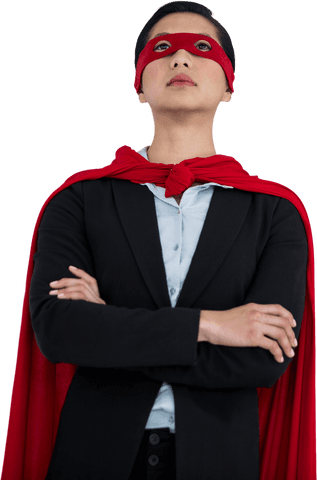 Transparent businesswoman in superhero costume confident pose