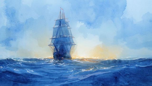 Sailing ship at sunrise on oceanic journey
