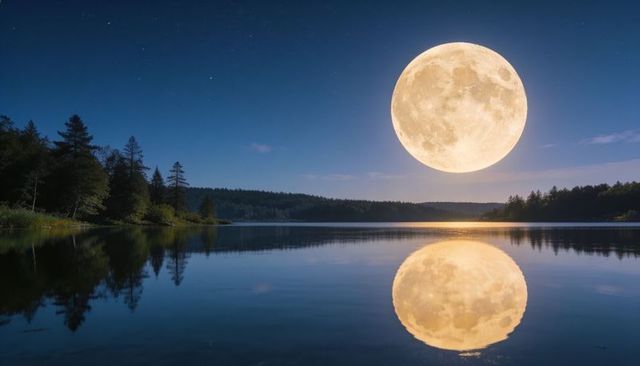 Giant full moon reflecting over calm forest lake at night with golden reflection and stars