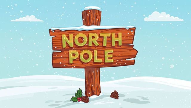 North pole wooden sign standing in snowy winter landscape with holly and pine cones