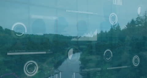 Futuristic Data Overlay on Tranquil Landscape