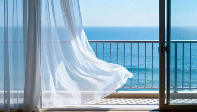 Billowing sheer curtain framing sunny ocean view from sliding glass door on balcony