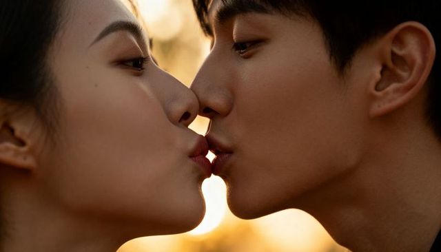 Couple sharing tender kiss at golden hour close-up backlit romance and warm glow