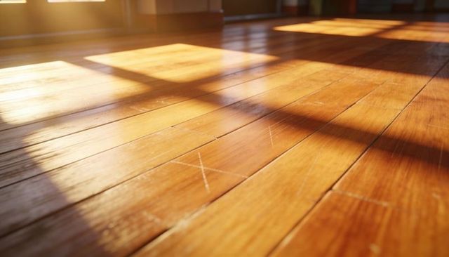Sunlit Hardwood Floor with Chalk X Marks and Window Shadows, Warm Morning Glow
