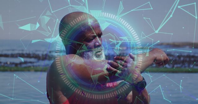 Depicts an elderly man stretching near the beach with a futuristic holographic interface overlay. Useful for topics related to health, fitness, and technology. Ideal for advertisements, wellness blogs, and futuristic themes.