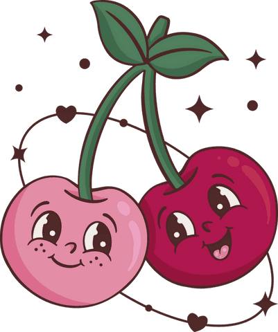 Cheerful cartoon cherries with kawaii smiles transparent background