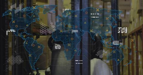 Global logistics network overlaying warehouse aisle with digital supply chain dashboard