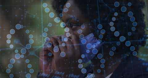 African american woman adjusting face mask with digital data visualization overlay in park
