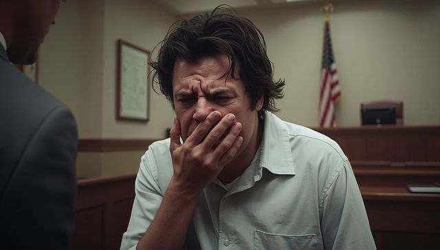 Distraught man covering mouth and holding face while sitting at courtroom bench during trial
