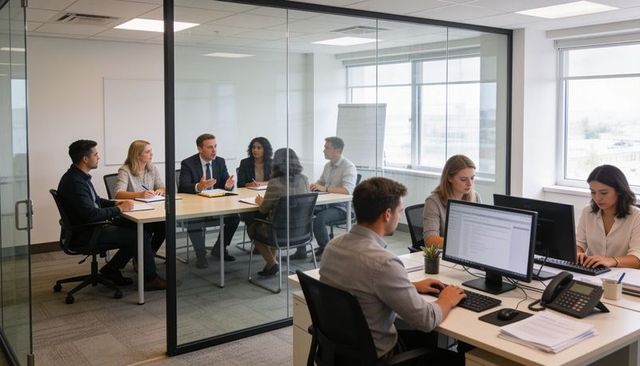 Corporate team meeting in glass-walled conference room with leader gesturing and notebooks