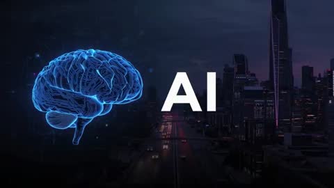 This digital illustration shows a neon blue brain overlaid on a nighttime city skyline with prominent 'AI' text, representing the integration of artificial intelligence with urban environments. Ideal for presentations on AI advancements, digital technology features, cyberpunk themed projects, or futuristic marketing materials. The holographic and cyber elements emphasize innovation and future-thinking.