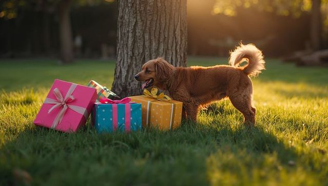 Brown dog with gift boxes at sunset in park
