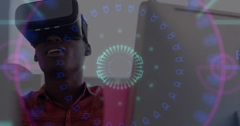 African American Using VR Headset in Futuristic Interface