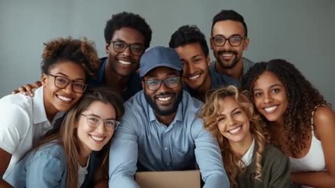 Diverse Group of Friends Smiling Around Laptop