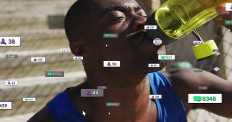 Black athlete drinking water on sunlit outdoor court with social media engagement icons