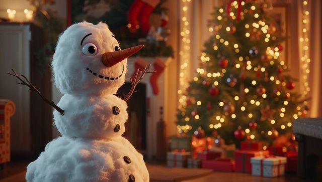 Snowman Decoration and Festive Christmas Tree Glowing Warmly