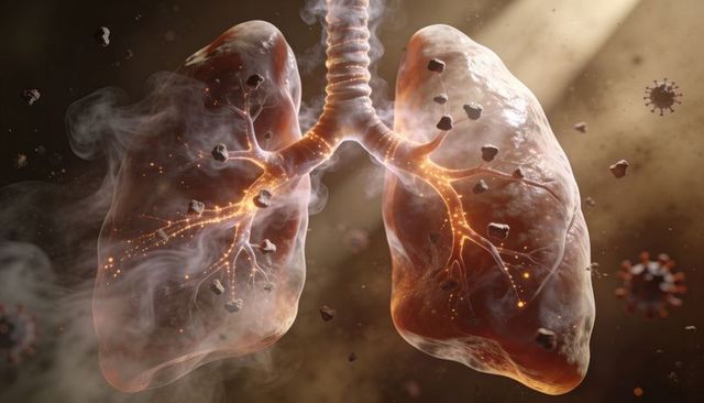 Translucent lungs with glowing bronchi, smoke and virus illustrating respiratory infection