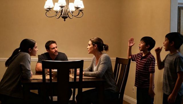 Tense family dinner confronting parents and teenage daughter while young sons interrupt