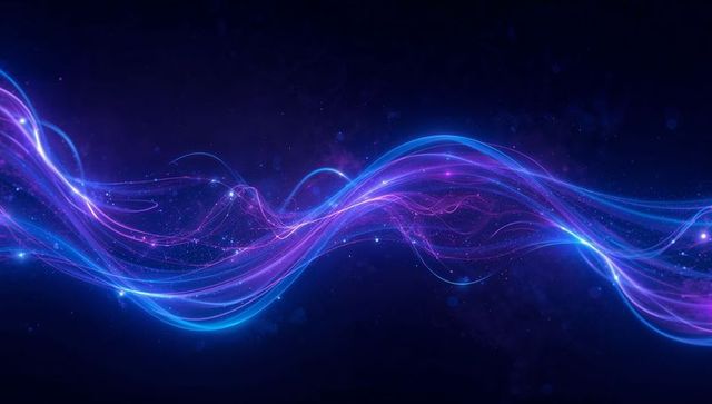 Flowing neon light ribbons weaving through cosmic space with glowing particle trails