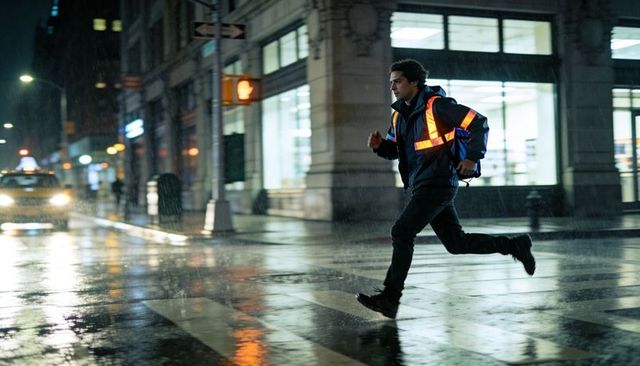 Urban courier running through rainy night crosswalk wearing reflective vest and backpack