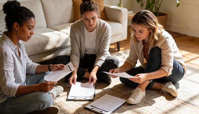 Three women collaborating on paperwork in sunlit living room, sitting on rug