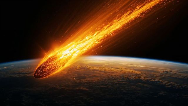 Dramatic fiery meteor streaking through near-earth orbit with molten plasma trail