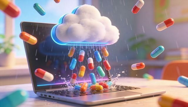 Neon Cloud Raining Colorful Capsules onto Laptop Keyboard, Medicine Rain in Workspace