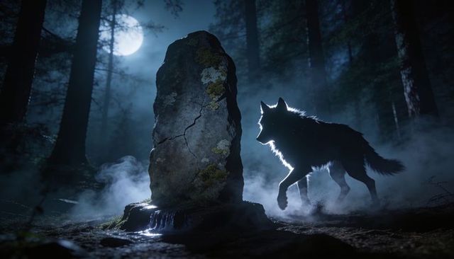 Moonlit wolf prowling beside mossy menhir in misty conifer forest, eerie nocturnal mood