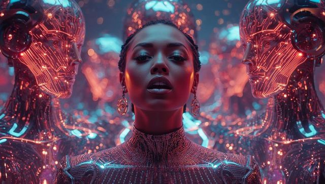 Futuristic Fashion Woman with Robots in Cyberpunk Sci-Fi Ambiance