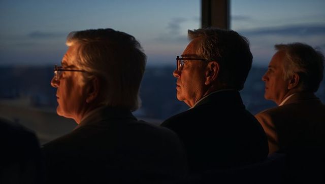 Senior executive trio gazing city skyline from office window at dusk, corporate scene