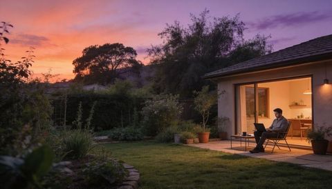 Remote worker typing on laptop on patio at sunset in tranquil backyard garden lounge