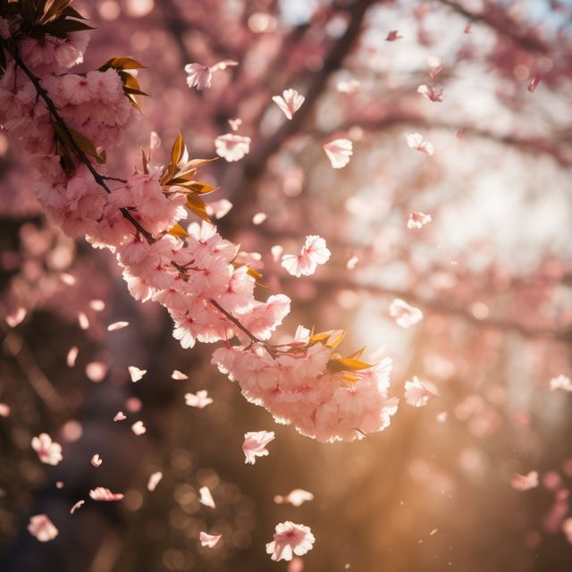 Cherry blossom branch with pink petals falling against a sunset background. Ideal for nature themes, spring advertising, peaceful or serene visuals, and romantic or tranquil settings. It captures the fleeting beauty of spring and the tranquil atmosphere of a sunset, perfect for greeting cards, wallpapers, and floral-themed designs.