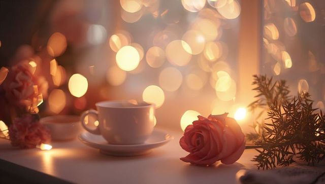 Cozy morning tea with rose and warm bokeh lights on windowsill for romantic decor