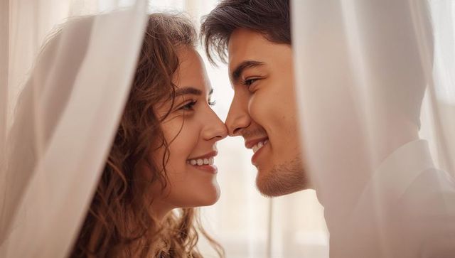 Couple leaning close behind sheer curtains smiling and gazing lovingly in soft backlight
