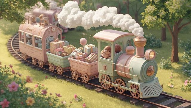 Chugging Pastel Steam Train Hauling Gifts Through Sunny Flower Meadow Whimsical Locomotive