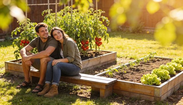Couple relaxing on bench in backyard raised-bed vegetable garden during golden hour