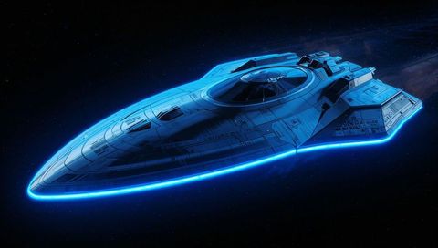 Sleek blue-lit starship gliding through deep space with neon cyan rim and domed bridge